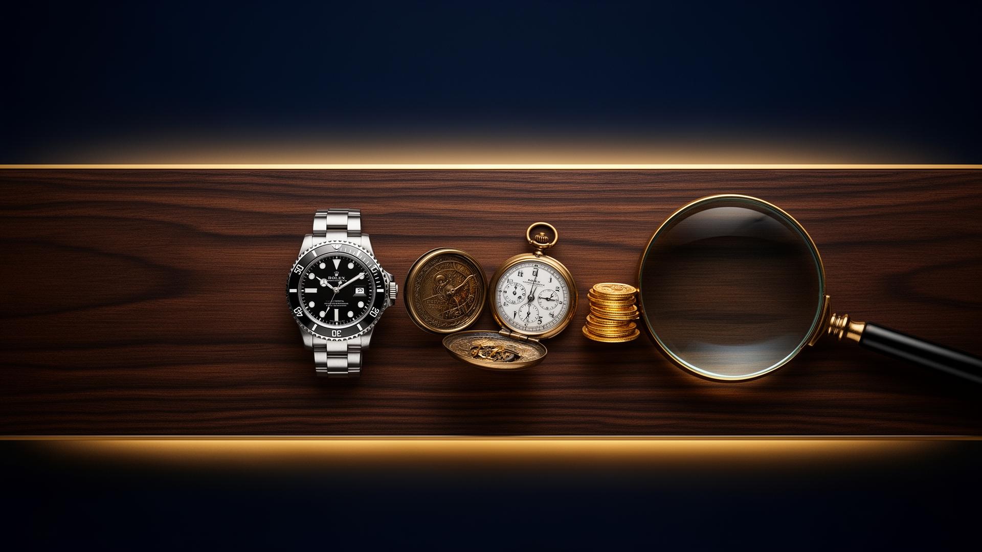 Expertvärdering — Rolex, antikt fickur och guldmynt på ett skrivbord